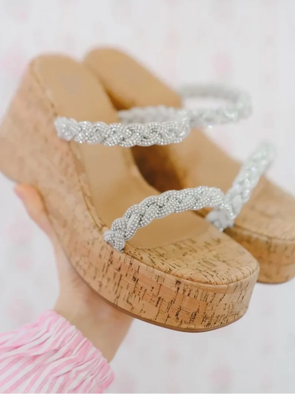 New!! Size 9 - Crystal Strap Cork Wedge Sandals - Silver